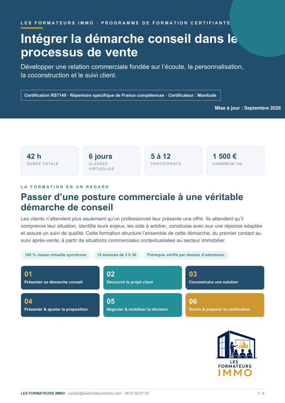Page 1 du programme Intégrer la démarche conseil dans le processus de vente